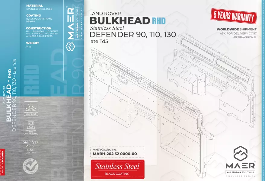 Defender 90, 110, 130 - late Td5 RHD STAINLESS bulkhead 