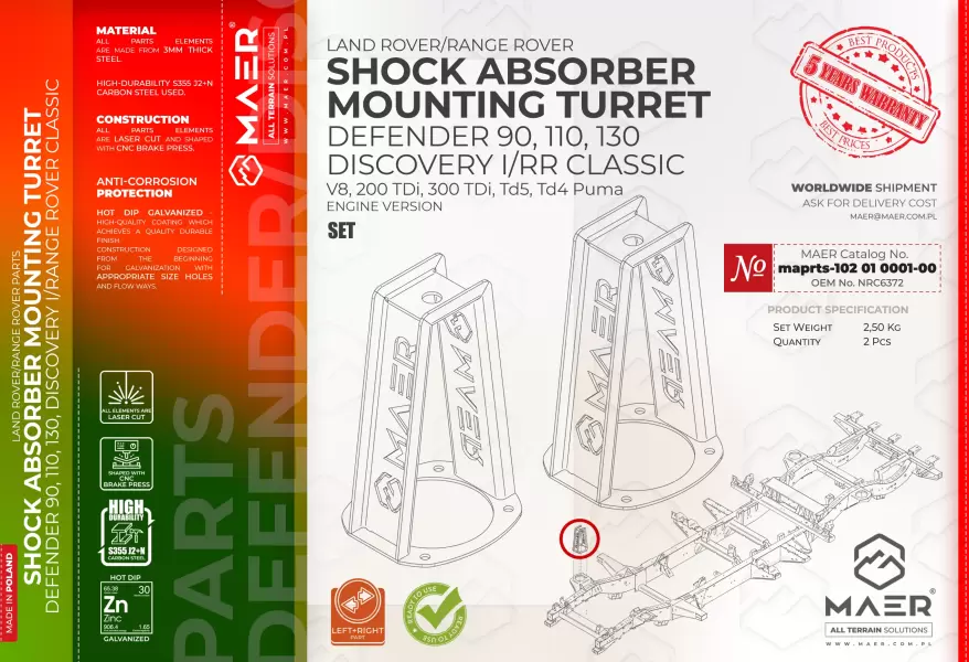 Land Rover DEFENDER 90, 110, 130  DISCOVERY I/RRC V8, 200 TDi, 300 TDi, Td5, Td4 Puma GALVANISED SHOCK ABSORBER
MOUNTING TURRET set