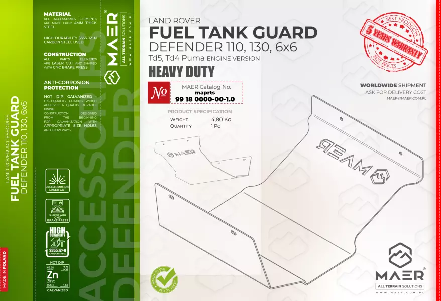 Land Rover Defender 90, 110, 130 Td5, Td4 Puma FUEL TANK GUARD (HEAVY DUTY)