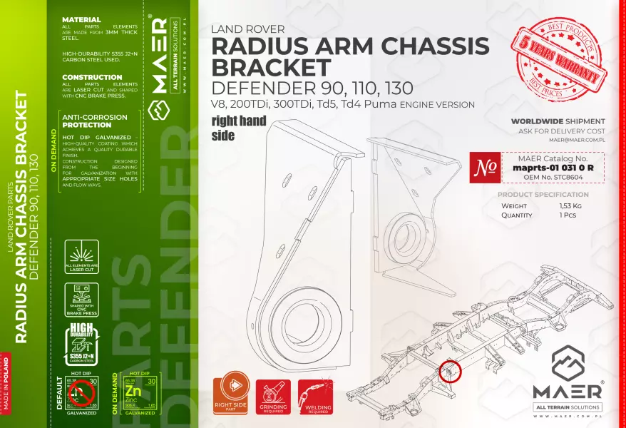 Land Rover Defender  90, 110, 130  V8, 200 TDi, 300 TDi, Td5, Td4 Puma RADIUS ARM CHASSIS BRACKET right