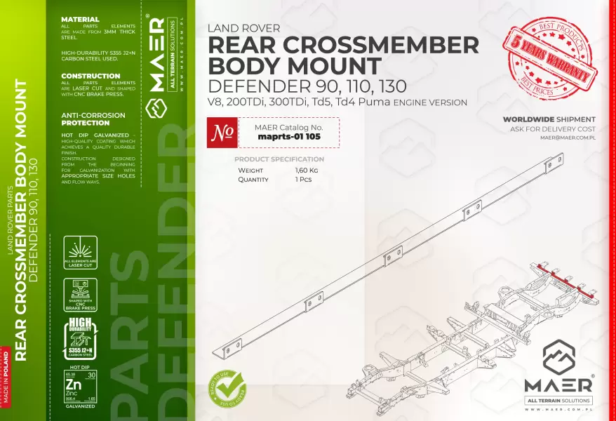 Land Rover Defender  90, 110, 130  V8, 200TDi, 300TDi, Td5, Td4 Puma REAR CROSSMEMBER BODY MOUNT