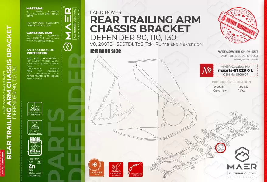 Land Rover Defender  90, 110, 130  V8, 200 TDi, 300 TDi, Td5, Td4 Puma REAR TRAILING ARM CHASSIS BRACKET  left