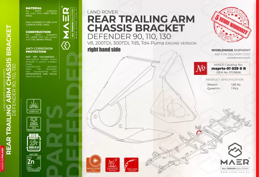 Land Rover Defender  90, 110, 130  V8, 200 TDi, 300 TDi, Td5, Td4 Puma REAR TRAILING ARM CHASSIS BRACKET  right