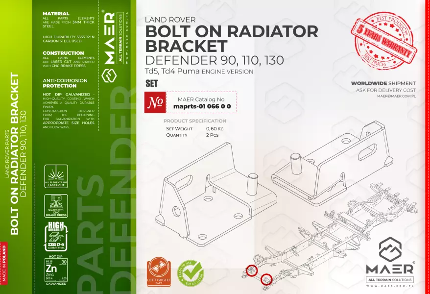 Land Rover Defender 90, 110, 130 Td5, Td4 Puma BOLT ON RADIATOR BRACKET set