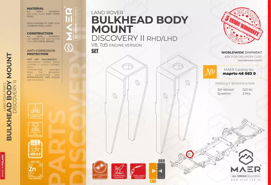 Land Rover  DISCOVERY II V8, Td5 GALVANISED BULKHEAD BODY MOUNT set