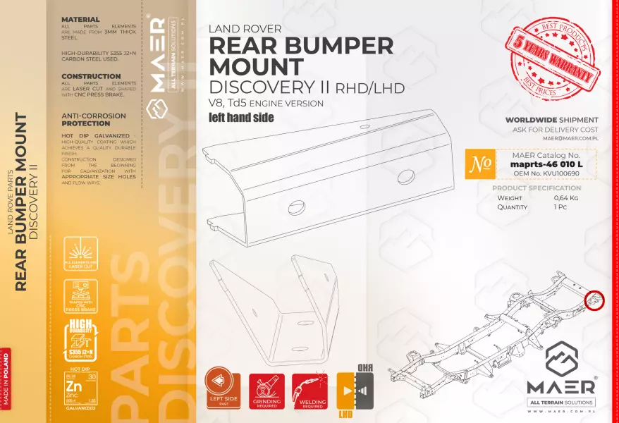 Land Rover Discovery II galvanised  REAR BUMPER MOUNT left