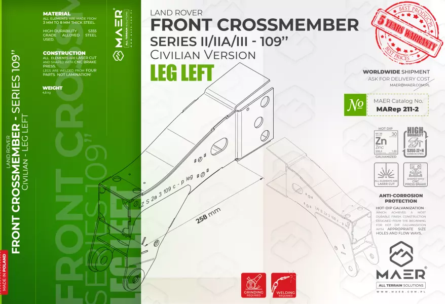 Land Rover Series II/IIA/III 109 Civilian version FRONT crossmember - LEG LEFT