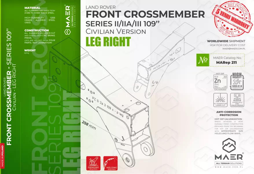 Land Rover Series II/IIA/III 109 Civilian version FRONT crossmember - LEG RIGHT