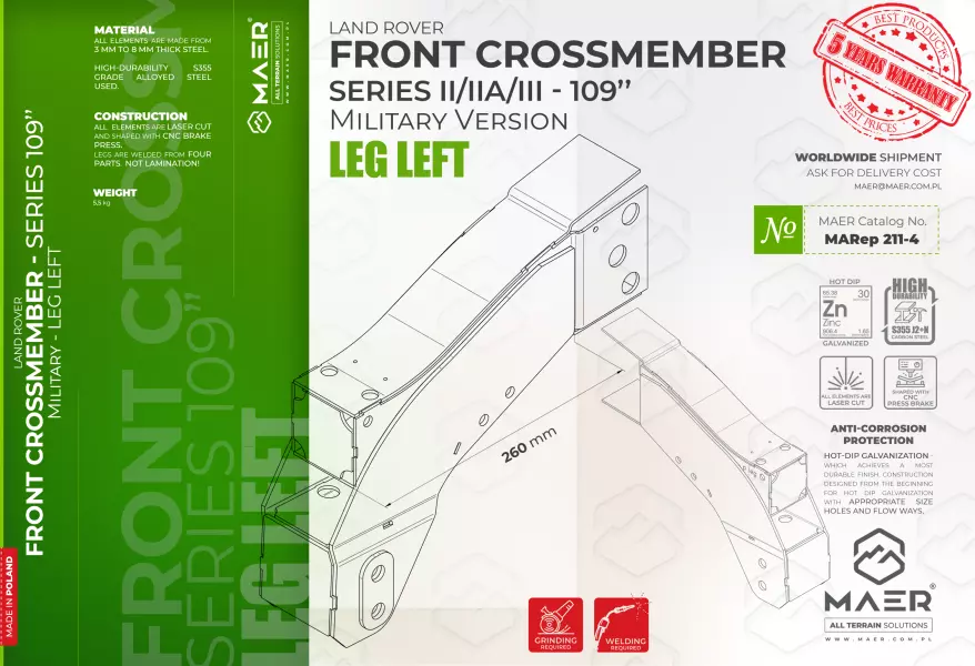 Land Rover Series II/IIA/III 109 military version  FRONT crossmember - LEG LEFT