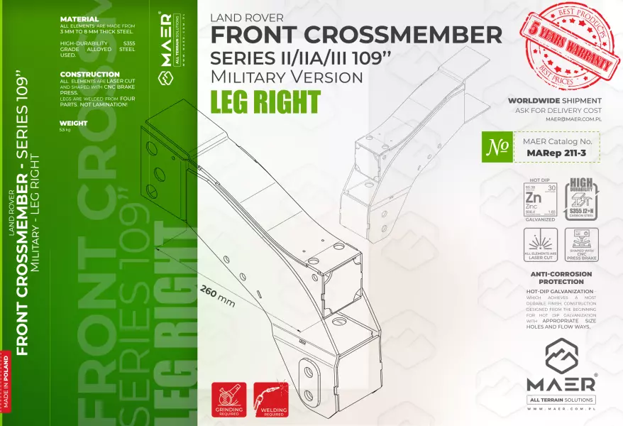 Land Rover Series II/IIA/III 109 military version  FRONT crossmember - LEG RIGHT