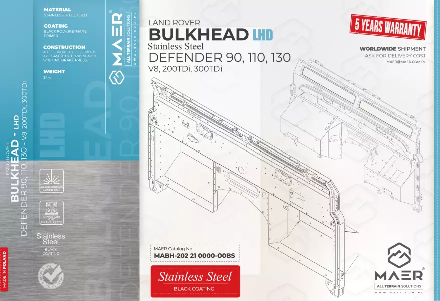 Defender 90, 110, 130 - V8, 200TDi, 300TDi LHD STAINLESS bulkhead BASIC